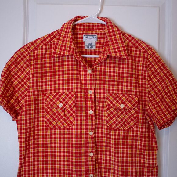 Bright Plaid Button Shirt Arizona Short Sleeve Picnic Blouse L | True Spring - Picture 4 of 5
